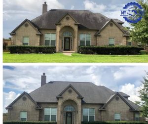 residential roof soft wash before and after cleaning transformation