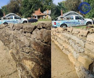limestone cleaning before and after exterior stone restoration Indianapolis