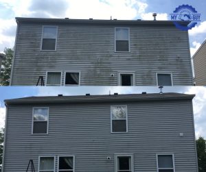 before and after soft wash house cleaning removing black stains
