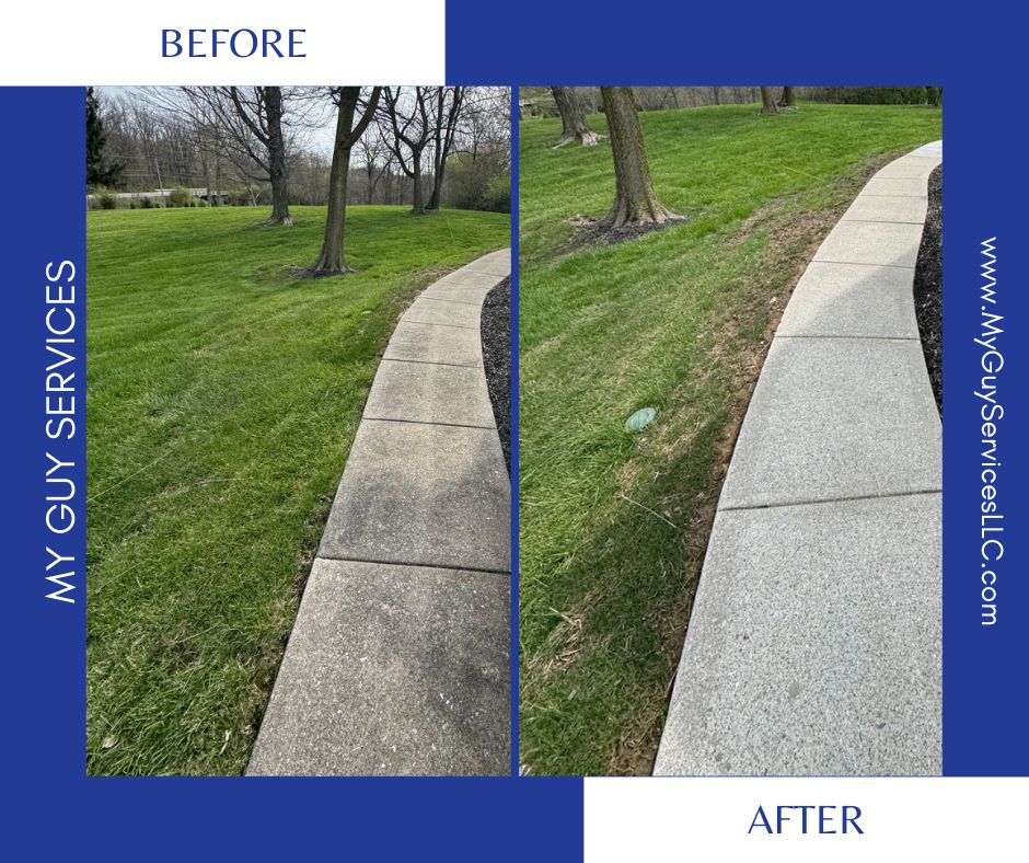 Professional power washing a sidewalk in Carmel to remove dirt, algae, and improve safety