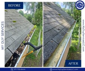 clogged gutter full of leaves before and after gutter cleaning service