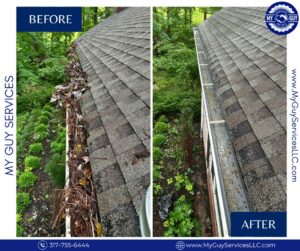 before and after gutter cleaning with heavy leaf buildup removed