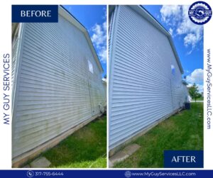 before and after house washing removing dirt and algae from siding Indianapolis